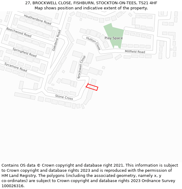 27, BROCKWELL CLOSE, FISHBURN, STOCKTON-ON-TEES, TS21 4HF: Location map and indicative extent of plot