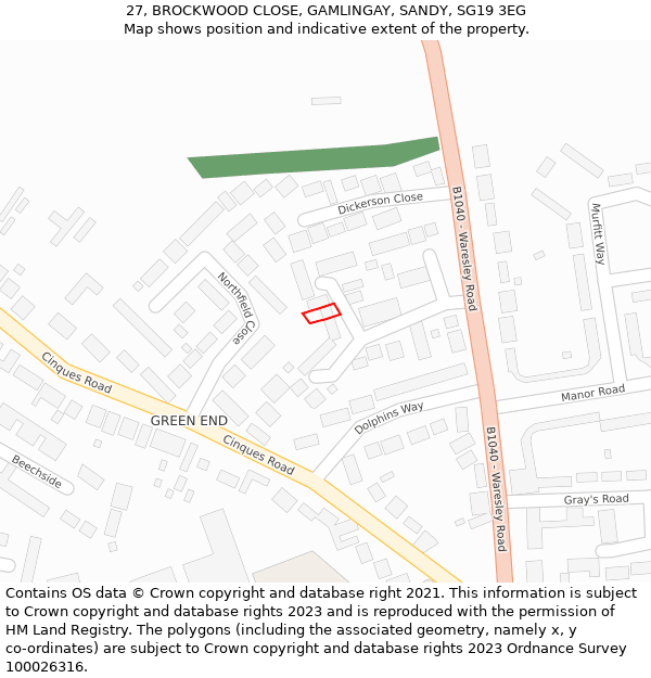 27, BROCKWOOD CLOSE, GAMLINGAY, SANDY, SG19 3EG: Location map and indicative extent of plot
