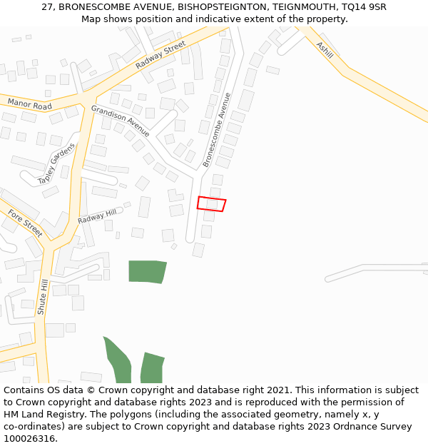 27, BRONESCOMBE AVENUE, BISHOPSTEIGNTON, TEIGNMOUTH, TQ14 9SR: Location map and indicative extent of plot