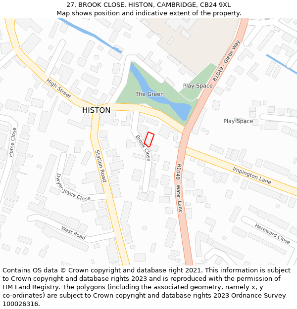 27, BROOK CLOSE, HISTON, CAMBRIDGE, CB24 9XL: Location map and indicative extent of plot