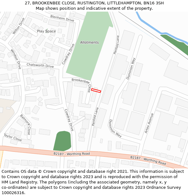 27, BROOKENBEE CLOSE, RUSTINGTON, LITTLEHAMPTON, BN16 3SH: Location map and indicative extent of plot