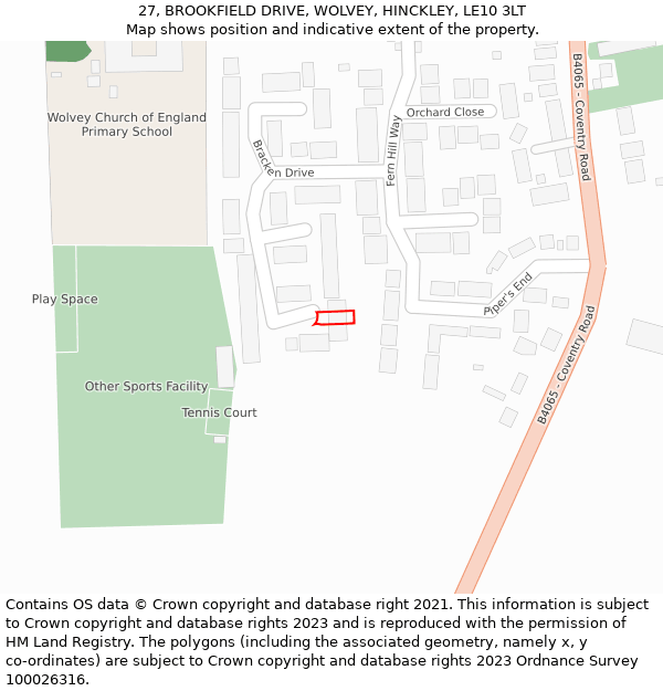 27, BROOKFIELD DRIVE, WOLVEY, HINCKLEY, LE10 3LT: Location map and indicative extent of plot