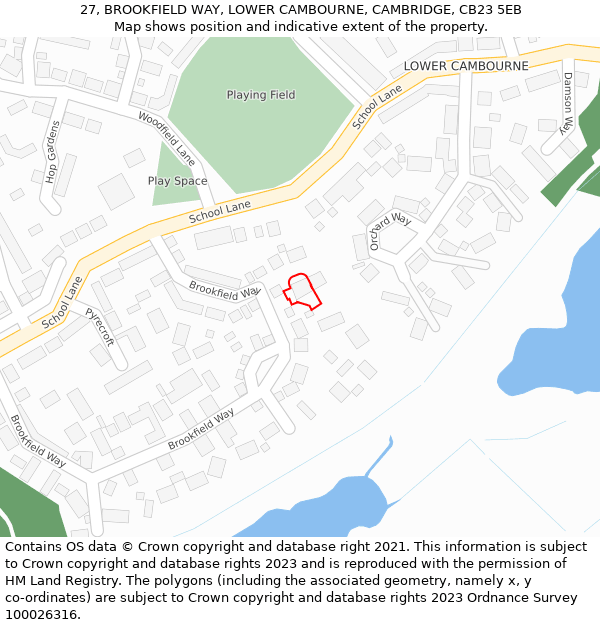 27, BROOKFIELD WAY, LOWER CAMBOURNE, CAMBRIDGE, CB23 5EB: Location map and indicative extent of plot