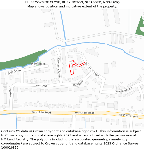 27, BROOKSIDE CLOSE, RUSKINGTON, SLEAFORD, NG34 9GQ: Location map and indicative extent of plot