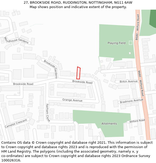 27, BROOKSIDE ROAD, RUDDINGTON, NOTTINGHAM, NG11 6AW: Location map and indicative extent of plot