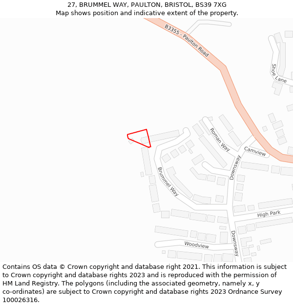27, BRUMMEL WAY, PAULTON, BRISTOL, BS39 7XG: Location map and indicative extent of plot