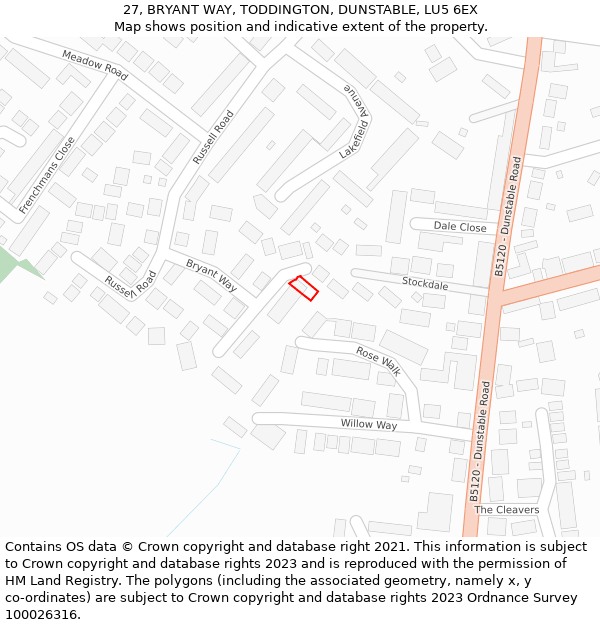 27, BRYANT WAY, TODDINGTON, DUNSTABLE, LU5 6EX: Location map and indicative extent of plot