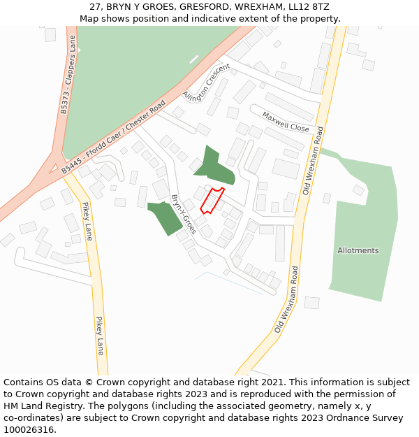 27, BRYN Y GROES, GRESFORD, WREXHAM, LL12 8TZ: Location map and indicative extent of plot