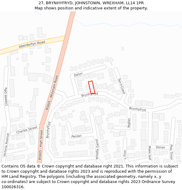 27, BRYNHYFRYD, JOHNSTOWN, WREXHAM, LL14 1PR: Location map and indicative extent of plot