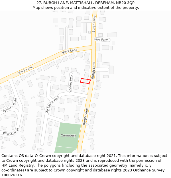 27, BURGH LANE, MATTISHALL, DEREHAM, NR20 3QP: Location map and indicative extent of plot