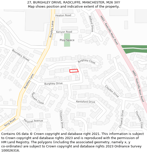 27, BURGHLEY DRIVE, RADCLIFFE, MANCHESTER, M26 3XY: Location map and indicative extent of plot