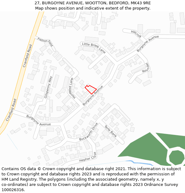 27, BURGOYNE AVENUE, WOOTTON, BEDFORD, MK43 9RE: Location map and indicative extent of plot