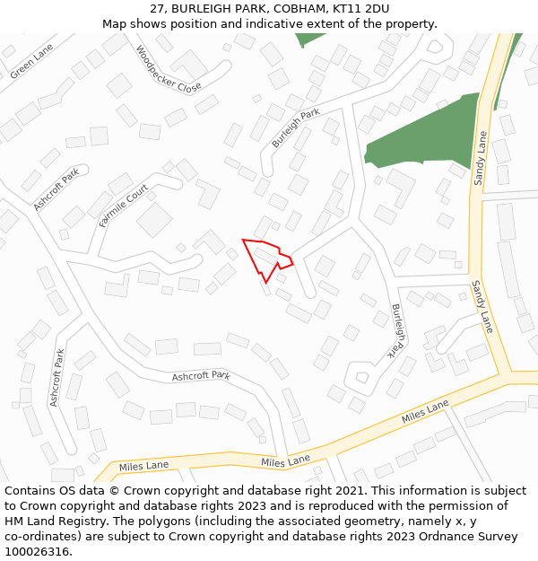 27, BURLEIGH PARK, COBHAM, KT11 2DU: Location map and indicative extent of plot
