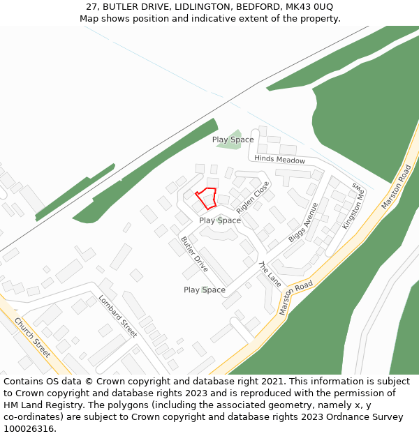 27, BUTLER DRIVE, LIDLINGTON, BEDFORD, MK43 0UQ: Location map and indicative extent of plot