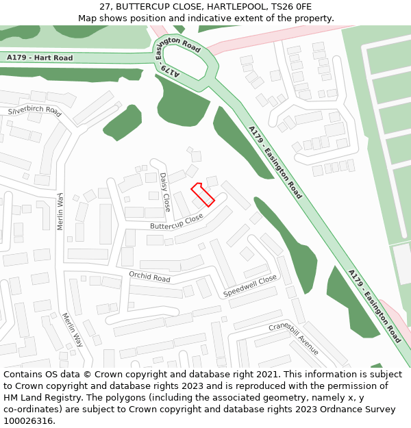 27, BUTTERCUP CLOSE, HARTLEPOOL, TS26 0FE: Location map and indicative extent of plot