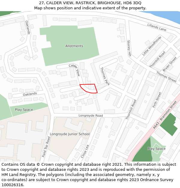 27, CALDER VIEW, RASTRICK, BRIGHOUSE, HD6 3DQ: Location map and indicative extent of plot