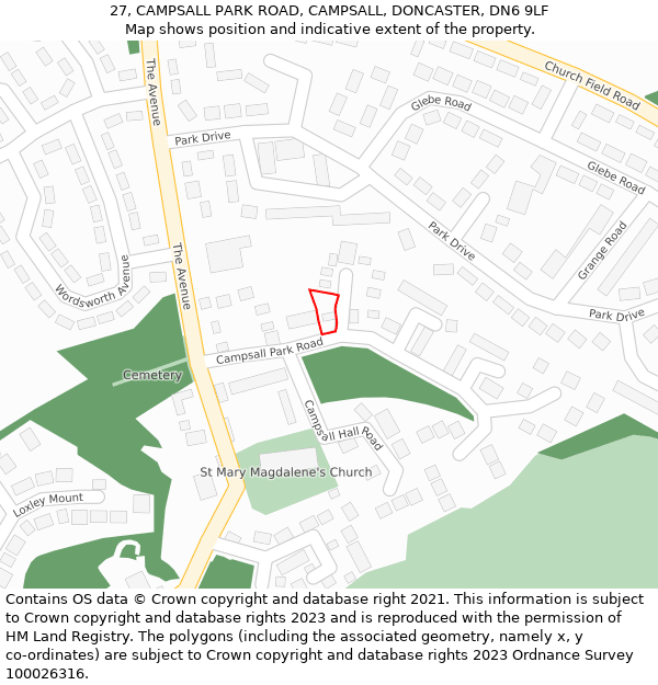 27, CAMPSALL PARK ROAD, CAMPSALL, DONCASTER, DN6 9LF: Location map and indicative extent of plot