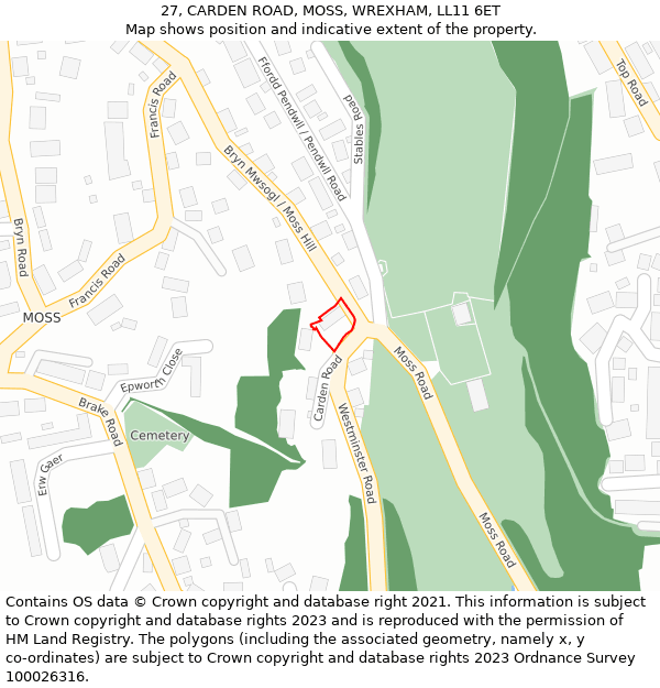 27, CARDEN ROAD, MOSS, WREXHAM, LL11 6ET: Location map and indicative extent of plot