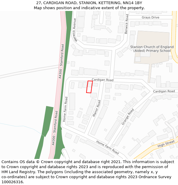27, CARDIGAN ROAD, STANION, KETTERING, NN14 1BY: Location map and indicative extent of plot