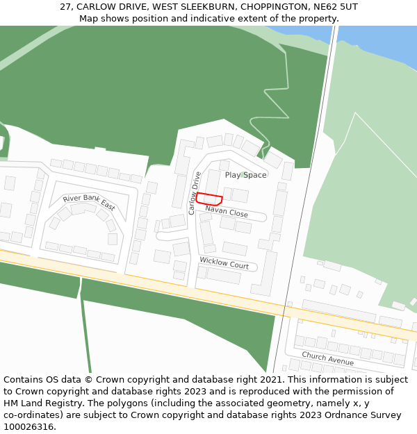 27, CARLOW DRIVE, WEST SLEEKBURN, CHOPPINGTON, NE62 5UT: Location map and indicative extent of plot