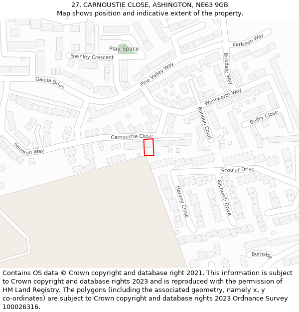 27, CARNOUSTIE CLOSE, ASHINGTON, NE63 9GB: Location map and indicative extent of plot