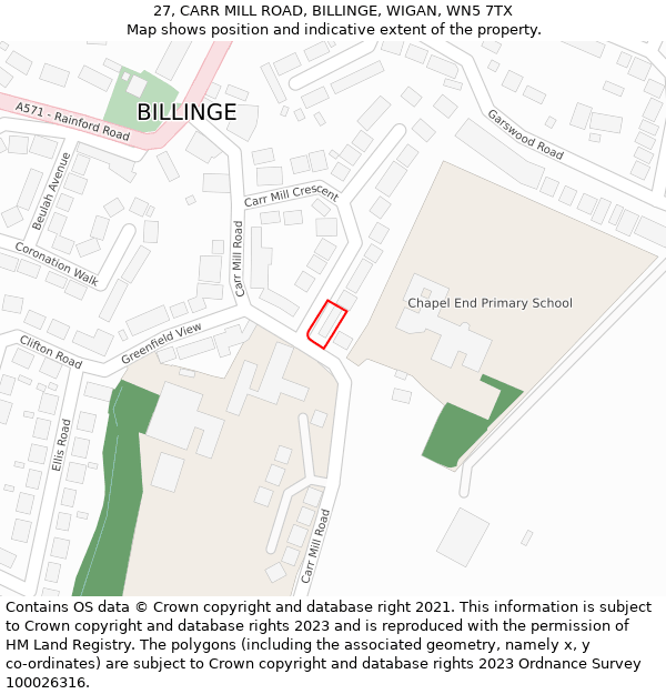 27, CARR MILL ROAD, BILLINGE, WIGAN, WN5 7TX: Location map and indicative extent of plot