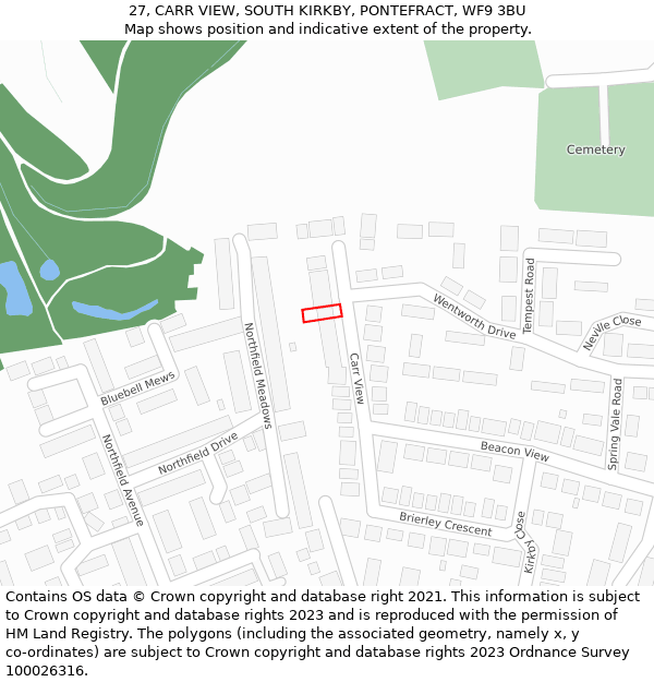 27, CARR VIEW, SOUTH KIRKBY, PONTEFRACT, WF9 3BU: Location map and indicative extent of plot