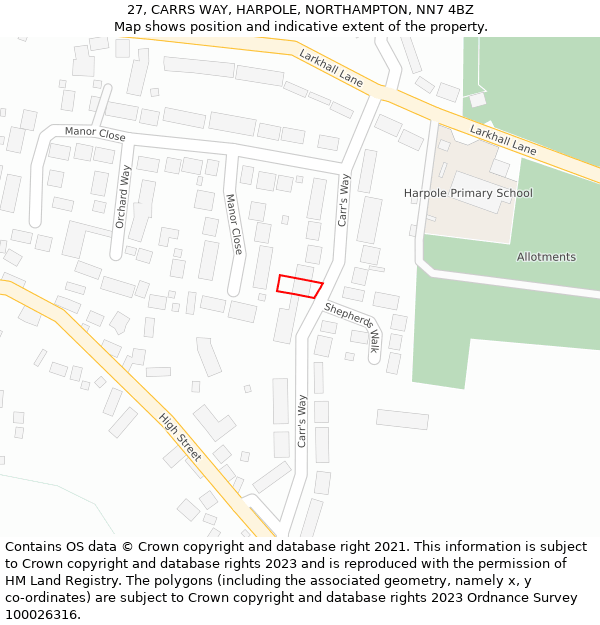 27, CARRS WAY, HARPOLE, NORTHAMPTON, NN7 4BZ: Location map and indicative extent of plot