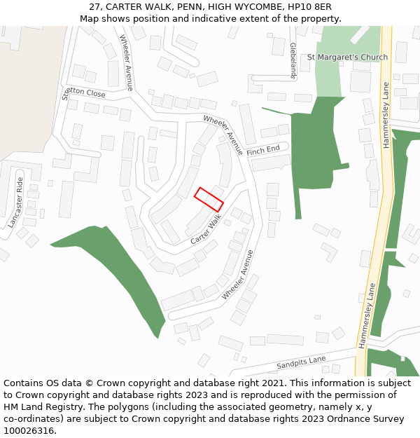 27, CARTER WALK, PENN, HIGH WYCOMBE, HP10 8ER: Location map and indicative extent of plot