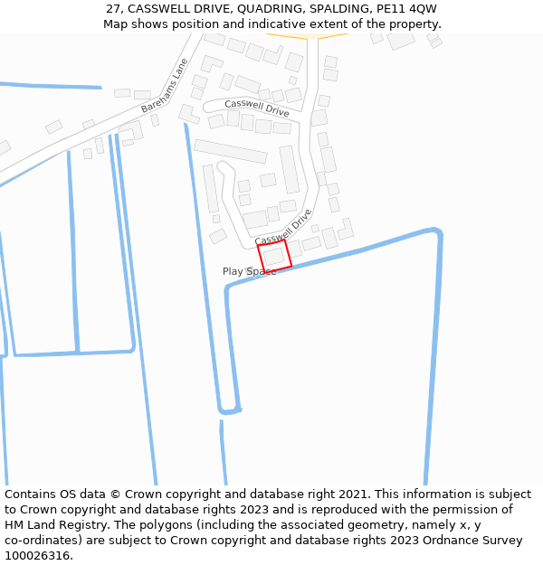 27, CASSWELL DRIVE, QUADRING, SPALDING, PE11 4QW: Location map and indicative extent of plot