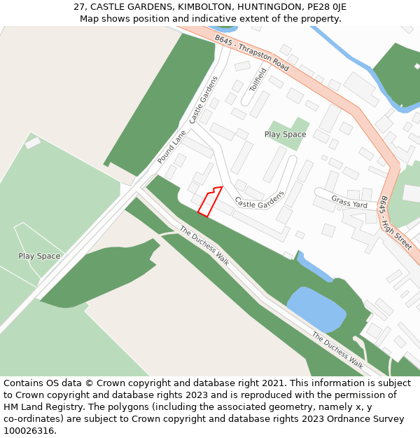 27, CASTLE GARDENS, KIMBOLTON, HUNTINGDON, PE28 0JE: Location map and indicative extent of plot