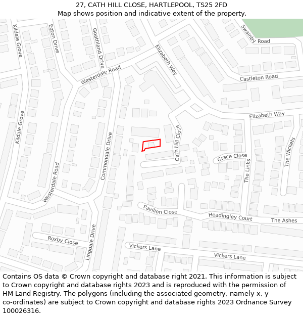 27, CATH HILL CLOSE, HARTLEPOOL, TS25 2FD: Location map and indicative extent of plot