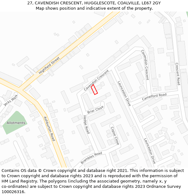 27, CAVENDISH CRESCENT, HUGGLESCOTE, COALVILLE, LE67 2GY: Location map and indicative extent of plot