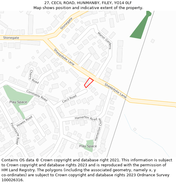 27, CECIL ROAD, HUNMANBY, FILEY, YO14 0LF: Location map and indicative extent of plot