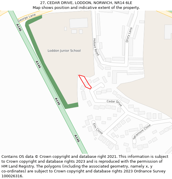 27, CEDAR DRIVE, LODDON, NORWICH, NR14 6LE: Location map and indicative extent of plot