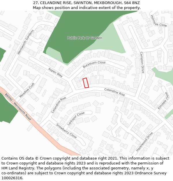 27, CELANDINE RISE, SWINTON, MEXBOROUGH, S64 8NZ: Location map and indicative extent of plot