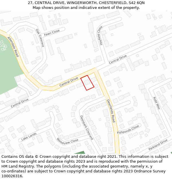 27, CENTRAL DRIVE, WINGERWORTH, CHESTERFIELD, S42 6QN: Location map and indicative extent of plot