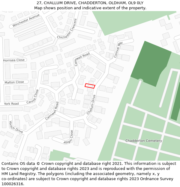 27, CHALLUM DRIVE, CHADDERTON, OLDHAM, OL9 0LY: Location map and indicative extent of plot