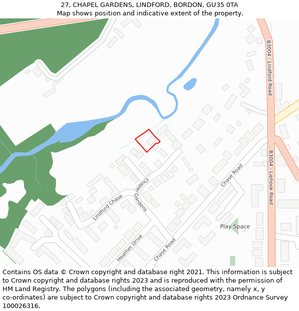 27, CHAPEL GARDENS, LINDFORD, BORDON, GU35 0TA: Location map and indicative extent of plot