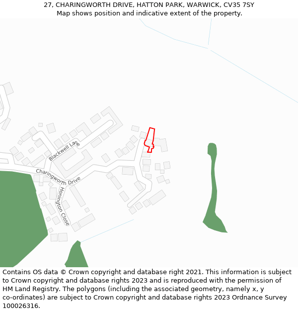 27, CHARINGWORTH DRIVE, HATTON PARK, WARWICK, CV35 7SY: Location map and indicative extent of plot