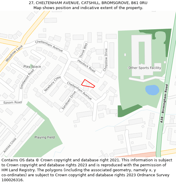 27, CHELTENHAM AVENUE, CATSHILL, BROMSGROVE, B61 0RU: Location map and indicative extent of plot