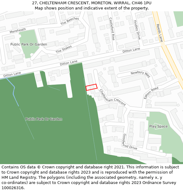 27, CHELTENHAM CRESCENT, MORETON, WIRRAL, CH46 1PU: Location map and indicative extent of plot