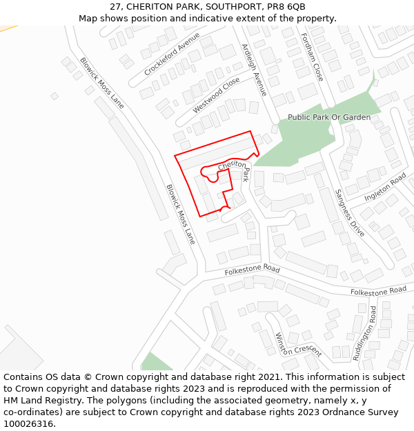 27, CHERITON PARK, SOUTHPORT, PR8 6QB: Location map and indicative extent of plot