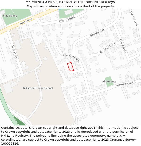 27, CHESHAM DRIVE, BASTON, PETERBOROUGH, PE6 9QW: Location map and indicative extent of plot