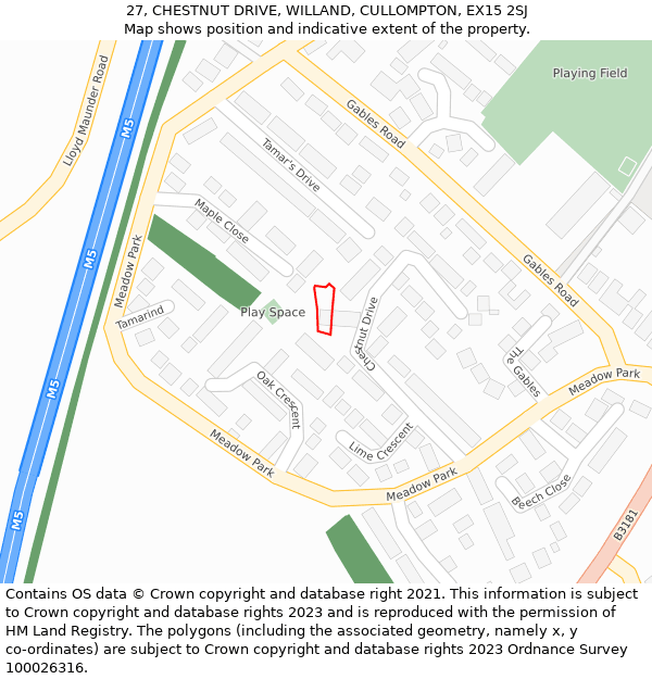 27, CHESTNUT DRIVE, WILLAND, CULLOMPTON, EX15 2SJ: Location map and indicative extent of plot