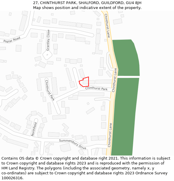 27, CHINTHURST PARK, SHALFORD, GUILDFORD, GU4 8JH: Location map and indicative extent of plot