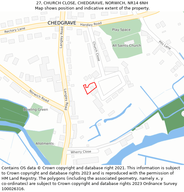 27, CHURCH CLOSE, CHEDGRAVE, NORWICH, NR14 6NH: Location map and indicative extent of plot