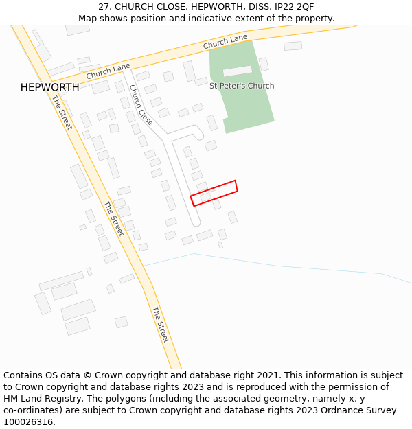 27, CHURCH CLOSE, HEPWORTH, DISS, IP22 2QF: Location map and indicative extent of plot