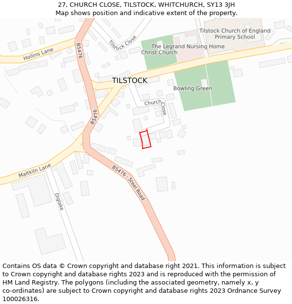 27, CHURCH CLOSE, TILSTOCK, WHITCHURCH, SY13 3JH: Location map and indicative extent of plot