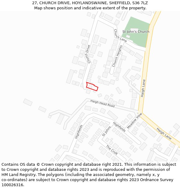 27, CHURCH DRIVE, HOYLANDSWAINE, SHEFFIELD, S36 7LZ: Location map and indicative extent of plot